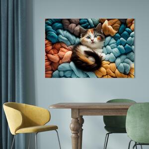 Obraz AI kočka kaliková - želvovinová kočka odpočívající na klubku barevné příze - vodorovně