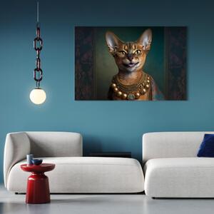 Obraz AI habešská kočka - fantasy portrét s zlatým náhrdelníkem - horizontální