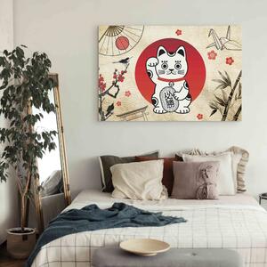 Obraz Maneki-neko - asijská kočka, kývající tlapa na pozadí japonských symbolů