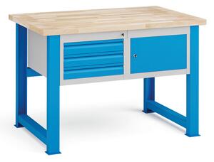 Dílenský stůl KOVONA, závěsná skříňka a 3 zásuvky na nářadí, buková spárovka, pevné nohy, 1700 mm
