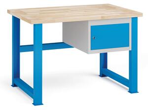 Dílenský stůl KOVONA, závěsná skříňka na nářadí, buková spárovka, pevné nohy, 2100 mm