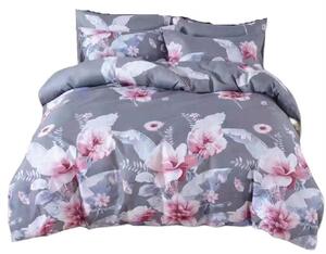 Bavlissimo 2-dílné povlečení květiny šedá růžová 140x200 na jednu postel
