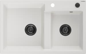 Mexen Tomas, granitový dřez 800x500x190 mm, 2-komorový, bílá s černým sifonem, 6516802000-20-B