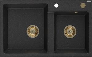 Mexen Tomas, granitový dřez 800x500x190 mm, 2-komorový, černá-stříbrná metalíza se zlatým sifonem, 6516802000-73-G