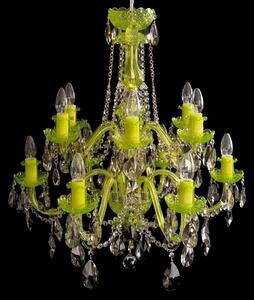 DBK GLASS Žlutozelený 12ramenný křišťálový lustr s kouřově zbarvenými křišťálovými mandlemi 1740-6+6-N-uranium-smoky-crystal