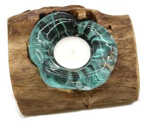 Svícen na čajovou svíčku z Taveného skla na dřevě 14x17x9cm (Luxusní svícen na čajovou svíčku vyrobený tavením skla usazeným na pravém dřevě ze stromu Gamal. Rozměry 14x17x9cm)