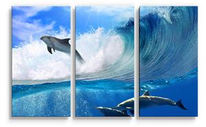 Sablio Obraz - 3-dílný Delfíni ve vlnách - 120x80 cm