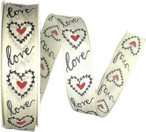Bavlněná stuha Love & Hearts – krémová 25mm x 20m
