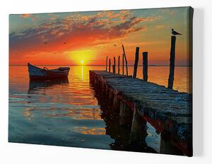 Obraz na plátně - Staré molo s loďkou při západu slunce FeelHappy.cz Velikost obrazu: 90 x 60 cm