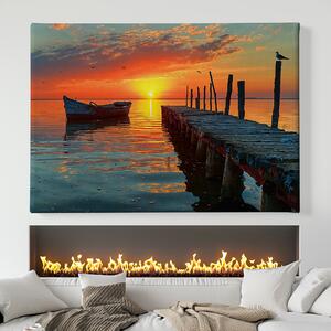 Obraz na plátně - Staré molo s loďkou při západu slunce FeelHappy.cz Velikost obrazu: 40 x 30 cm