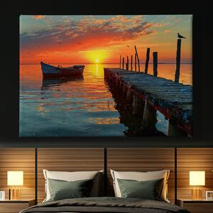 Obraz na plátně - Staré molo s loďkou při západu slunce FeelHappy.cz Velikost obrazu: 210 x 140 cm