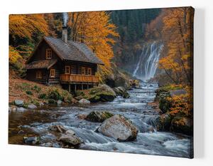 Obraz na plátně - Chatka s podzimními vodopády FeelHappy.cz Velikost obrazu: 60 x 40 cm