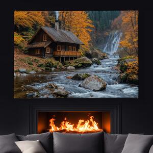 Obraz na plátně - Chatka s podzimními vodopády FeelHappy.cz Velikost obrazu: 210 x 140 cm