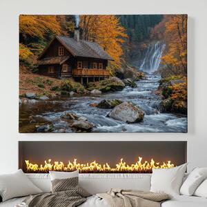 Obraz na plátně - Chatka s podzimními vodopády FeelHappy.cz Velikost obrazu: 40 x 30 cm