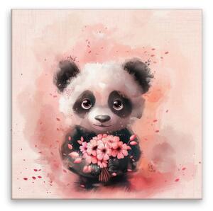 Obraz na plátně - Něžná panda a kytice - 80x80 cm