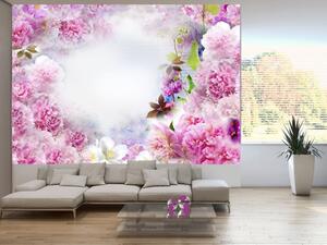 Fototapeta Vůně hřebčíku - abstraktní motiv květů s nápisy a oblaky