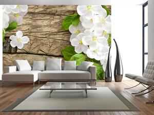 Fototapeta Příroda - surové dřevo obklopené bílými květy se zelenými listy