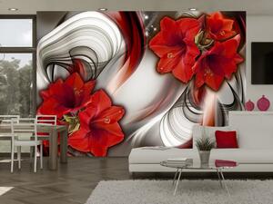 Fototapeta Červené amarylisy - květiny na abstraktním pozadí ve vlnitém vzoru