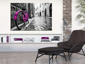 Obraz Růžové kolo (1-dílný) - vintage kompozice kola na pozadí města