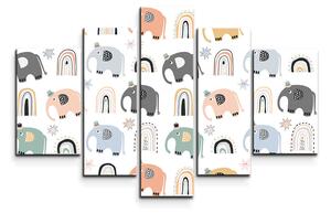 Sablio Obraz - 5-dílný Animovaní sloni - 125x90 cm