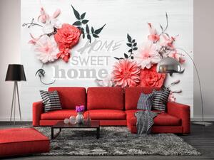 Fototapeta Romantický dům - červené květiny s nápisem na pozadí s texturou dřeva