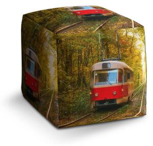 Sablio Taburet Cube Červená tramvaj v lese - 40x40x40 cm