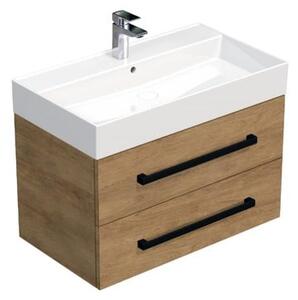 Koupelnová skříňka s černou úchytkou a umyvadlem SAT Cube Way 80x53x46 cm dub Hickory mat CUBE46C802DHSAT