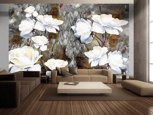 Fototapeta Namalovaná příroda - motiv bílých květin na kamenném pozadí s mechem