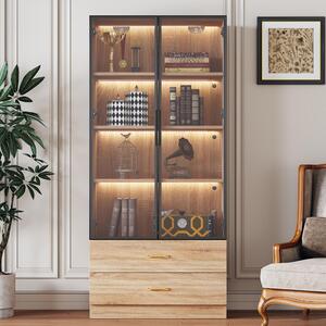 Koupelnová skříňka šířky 75 cm s LED osvětlením, 2 skleněnými dvířky a 2 zásuvkami, výška 170 cm, vyrobená z MDF v hnědé barvě, určená do koupelny