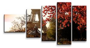 Sablio Obraz - 5-dílný Eiffelova věž a červený strom - 100x60 cm