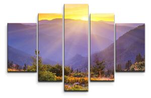Sablio Obraz - 5-dílný Západ slunce nad lesem - 125x90 cm