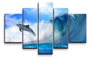 Sablio Obraz - 5-dílný Delfíni ve vlnách - 125x90 cm