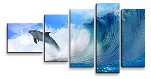 Sablio Obraz - 5-dílný Delfíni ve vlnách - 100x60 cm