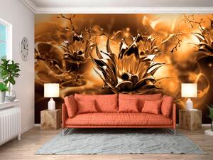 Fototapeta Oranžové květiny - abstraktní kompozice na zlatém listu tekutiny