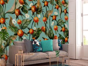 Fototapeta Oranžový sad - rostlinný motiv s ovocem a listy na modrém pozadí