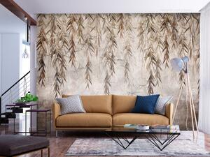 Fototapeta Visící liány - rostlinný motiv s listy na pozadí s texturou zdi