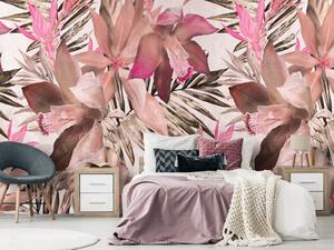 Fototapeta Kvetoucí džungle - růžová kompozice s rostlinným motivem a listy