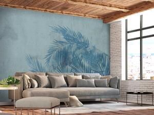Fototapeta Modré palmové listy ve větru - rostlinný motiv na šedém pozadí