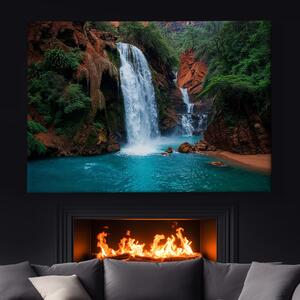 Obraz na plátně - Vodopády pod červenou skálou FeelHappy.cz Velikost obrazu: 210 x 140 cm