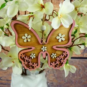 Závěsný dřevěný motýl- růžový, sada 2 ks