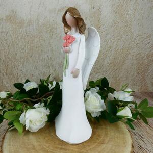 Bílý anděl s květinami- 25 cm