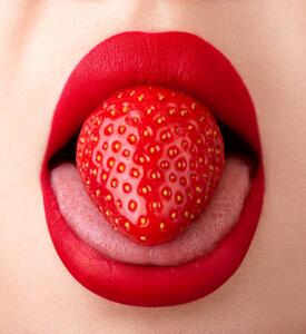 Fotografie Woman mouth extreme close-up. Strawberry on, Andrei Ureche, (35 x 40 cm)