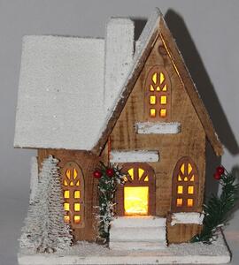 Dřevěný zasněžený domeček s LED osvětlením- 27 cm