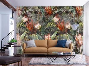 Fototapeta Exotická krajina - vegetace v džungli s květy a listy retro