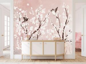 Fototapeta Stromy s bílými květy - ptáci na větvích na jaře na růžovém pozadí