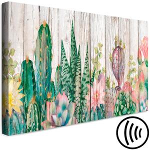 Obraz Kaktusy (1-dílný) - Rostliny na pozadí světlého dřeva ve vintage stylu