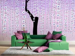 Fototapeta Strom s padajícími květy - romantické rozkvět na fialovém pozadí