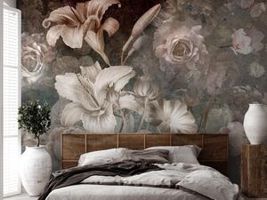 Fototapeta Květiny ve vintage stylu - bledé bílé rostliny na tmavém pozadí