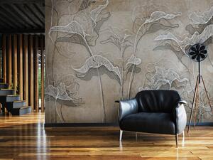 Fototapeta Narysowana příroda - bílé listy v lineárním stylu vrhající stín na béžovou zeď