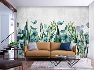 Fototapeta Nádech přírody - máta motiv rostlinných listů na šedém pozadí s vzorem